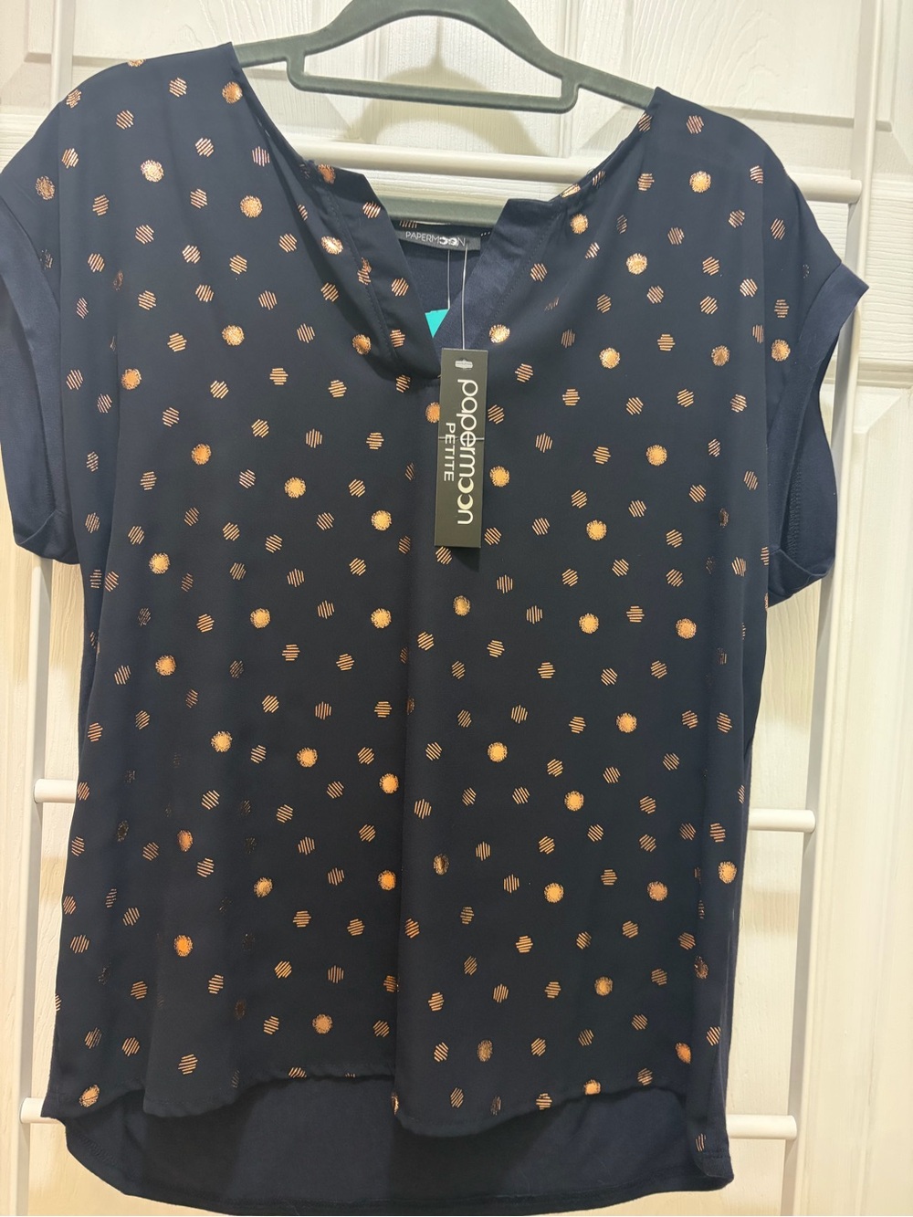 Papermoon Navy Blouse with Metallic Copper Dot Print